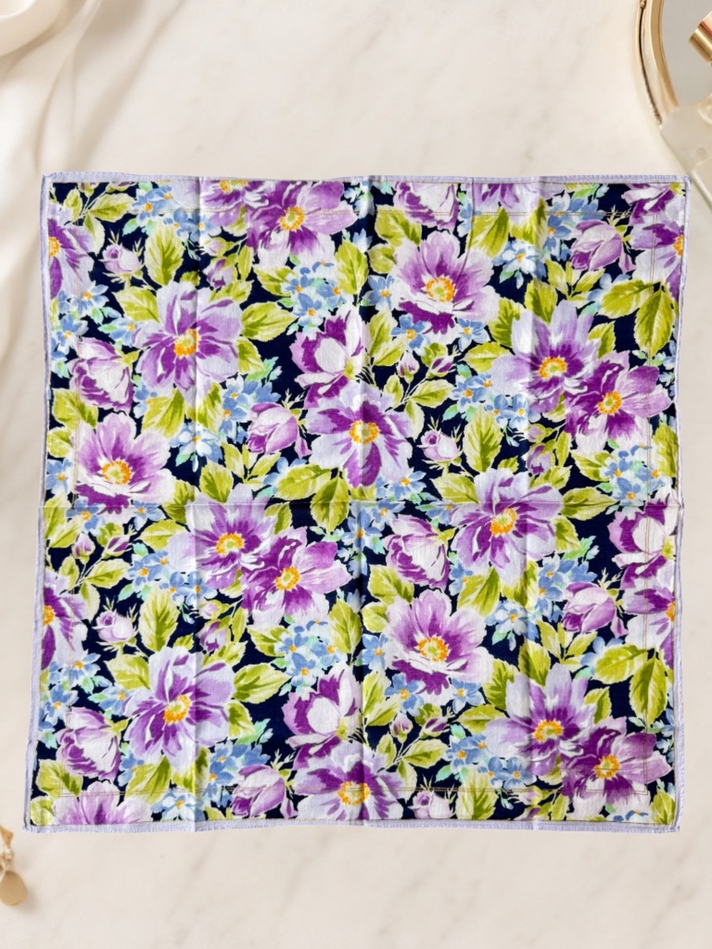 Vintage Givenchy Handkerchief Purple Blue Floral Scarf Neckerchief Bandana 18x18